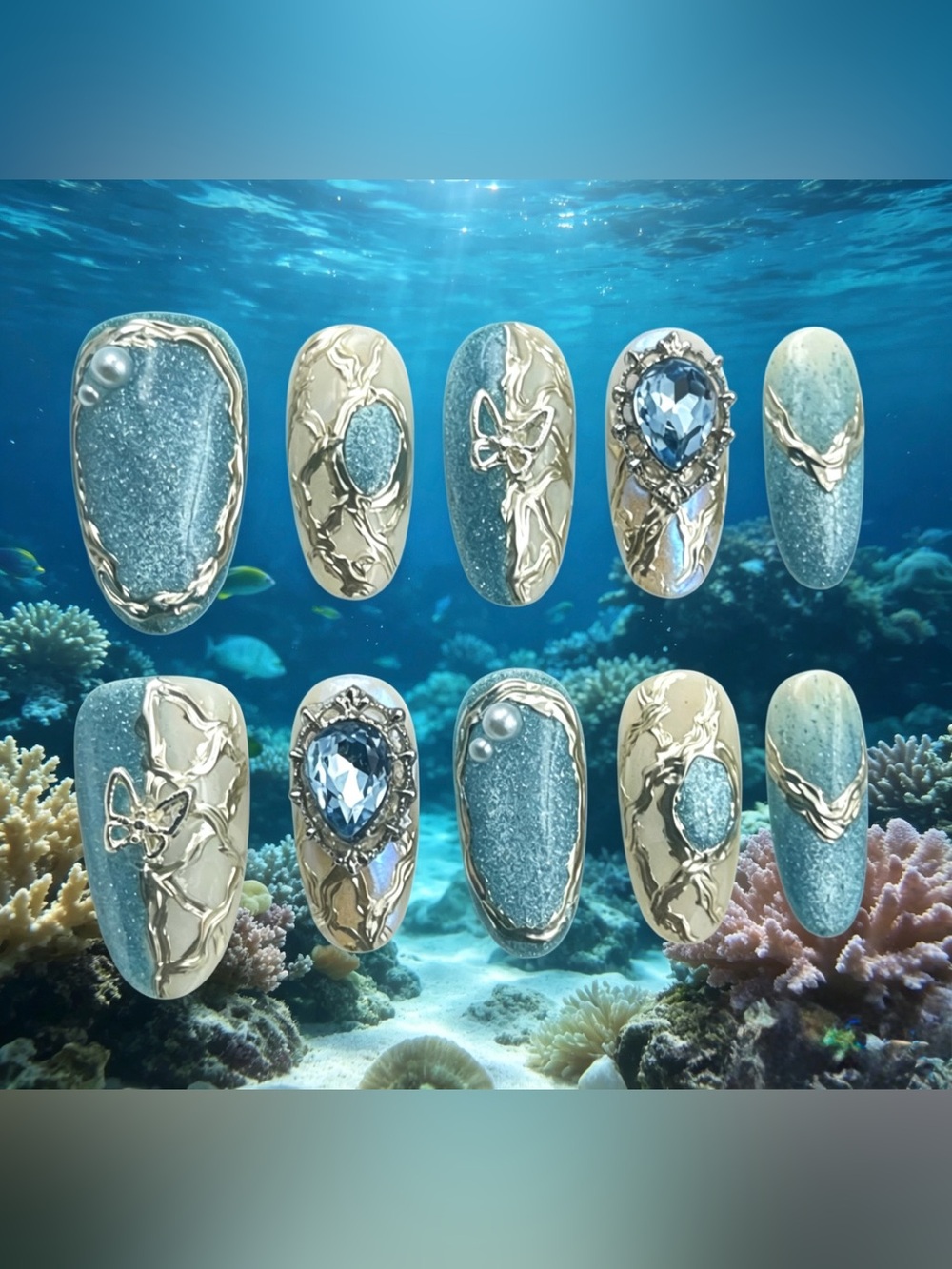 Ocean Gold Butterfly Press On Nails